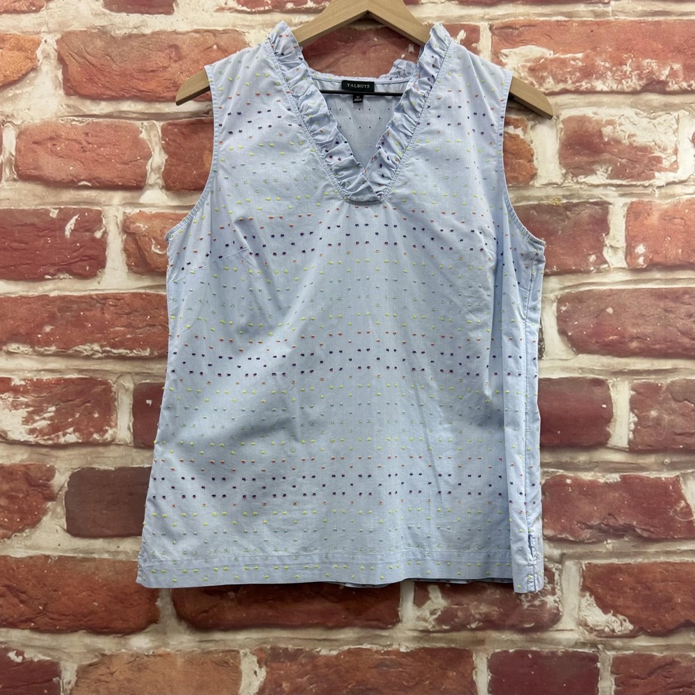 Talbots Top Women's Medium Blue Multicolor Chic Swiss Dot Ruffle Textured Shirt